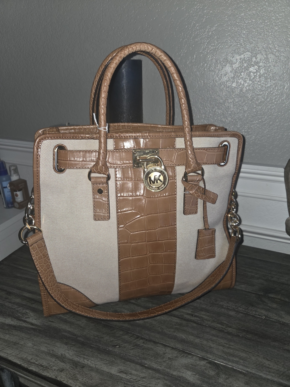 Michael Kors Tan Croc-Accent Canvas Tote Bag Perfect For A Laptop.